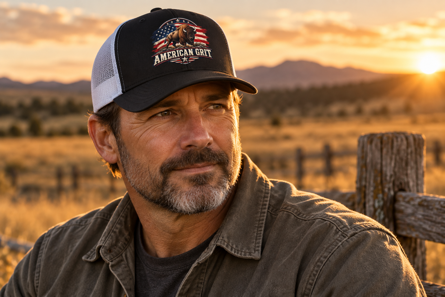 Man wearing the American Grit buffalo cap beside an open-country fence