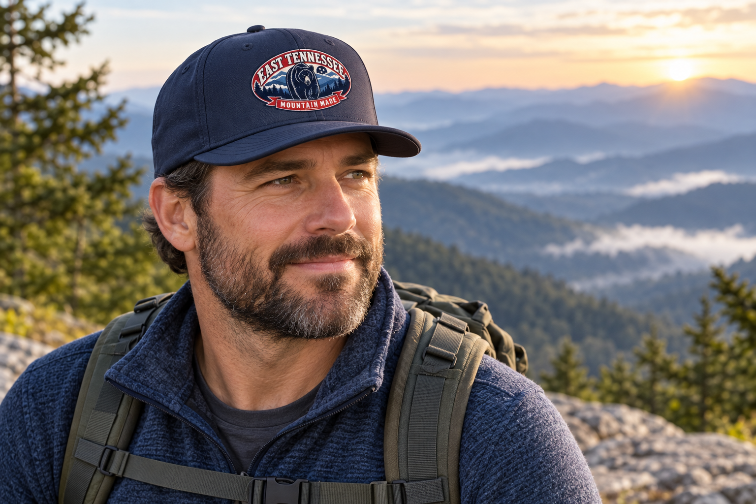 Hiker wearing the East Tennessee Mountain Made bear cap at a Smoky Mountains overlook