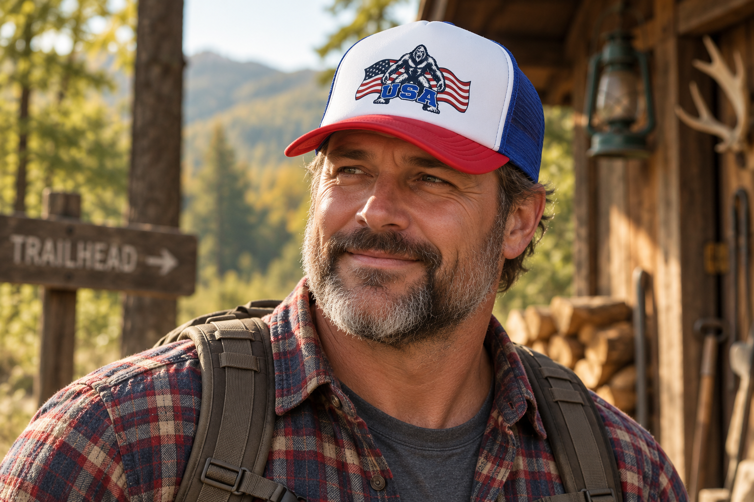 Man wearing the USA Sasquatch trucker hat at a wooded trailhead